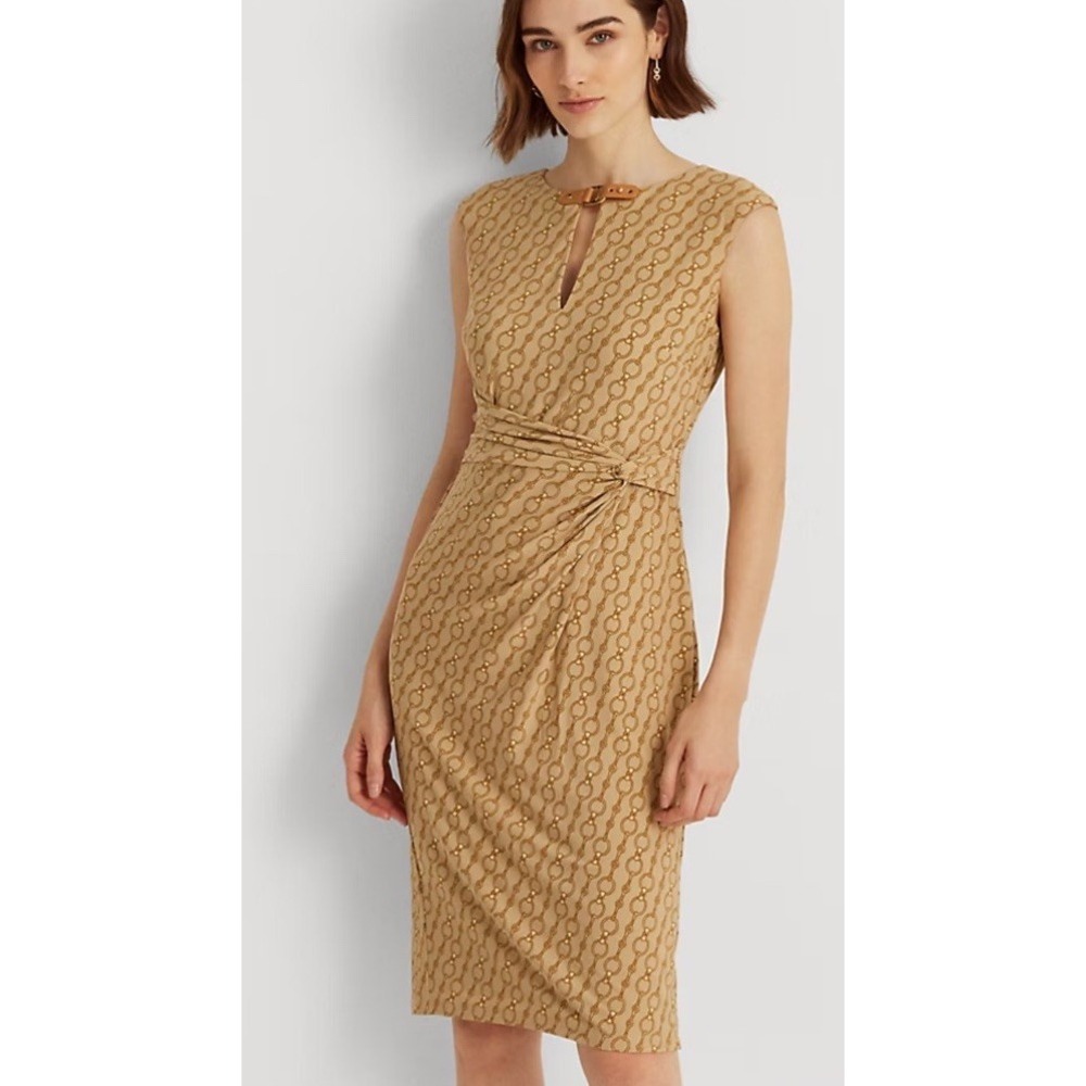 Lauren Ralph Lauren Black Label Chain Print Twist Front Jersey Sheath Dress Sz 8